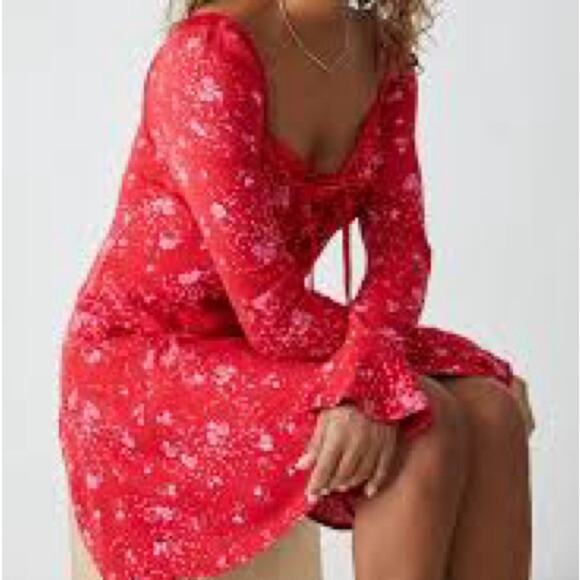 Free People Long Sleeve Mini Dress Red Size Small Boho Peasant - Picture 3 of 8